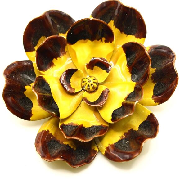 Vintage Enamel Flower Pin Gold Yellow Brown Statement Piece 3" Across - Hey Viv - Picture 5 of 6
